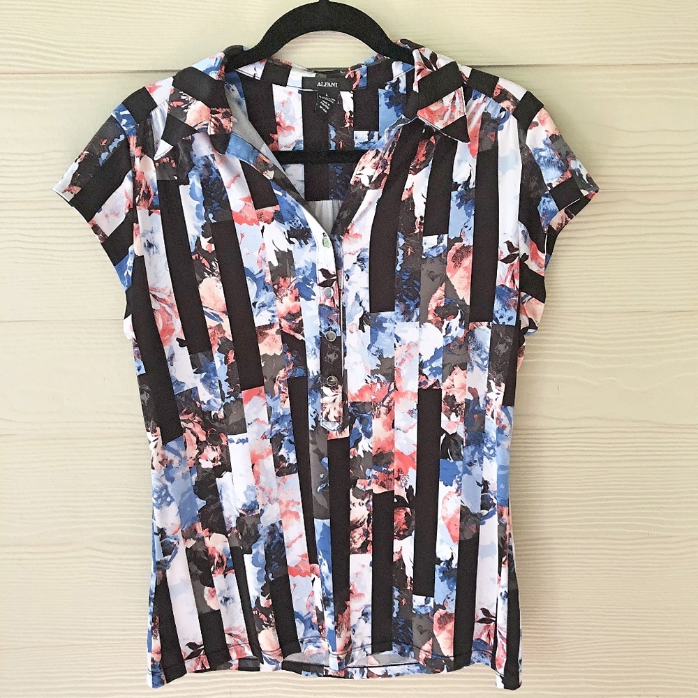 Alfani Short Sleeve Button Down Floral Stripe